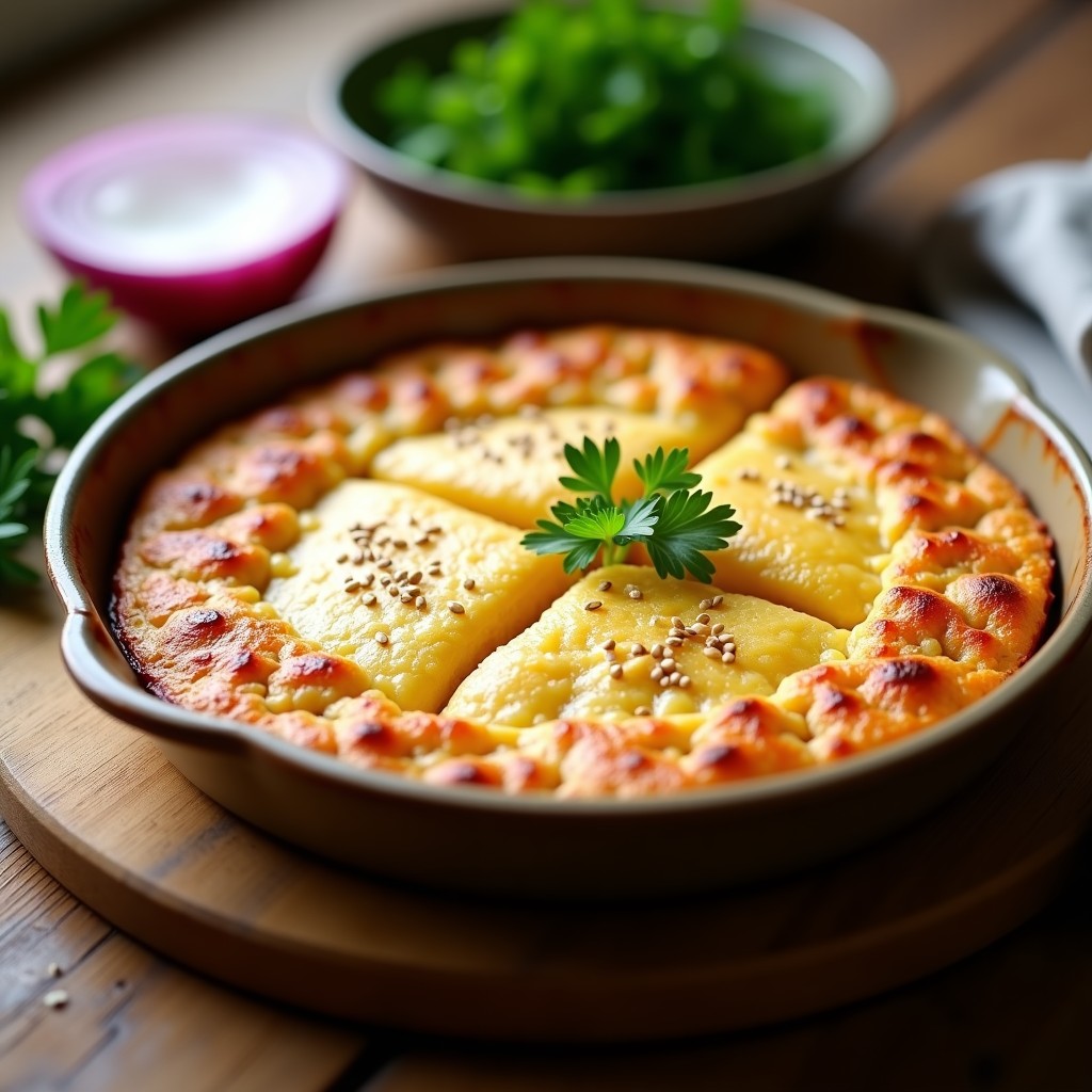 Tortilla de garbanzos al horno dorada en molde rústico, espolvoreada con semillas de sésamo, receta vegana sin harina y alta en proteína.