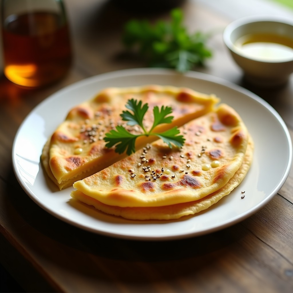 Tortilla de garbanzos al horno dorada y esponjosa, cortada en porciones, con semillas de sésamo visibles y acompañada de perejil fresco, servida en plato de cerámica blanca.