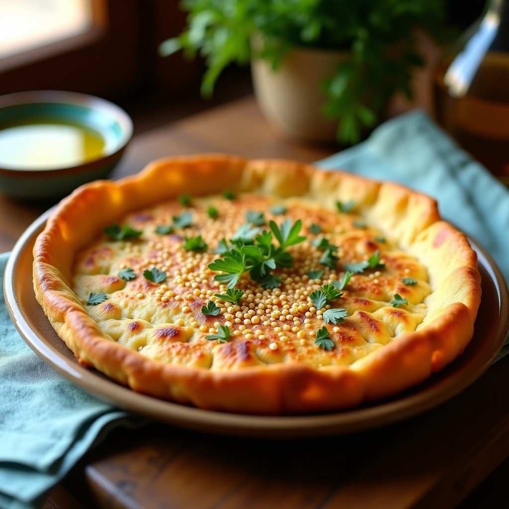 Tortilla de garbanzos dorada y crujiente en molde de horno, con semillas de sésamo y perejil fresco, receta vegana alta en proteína.