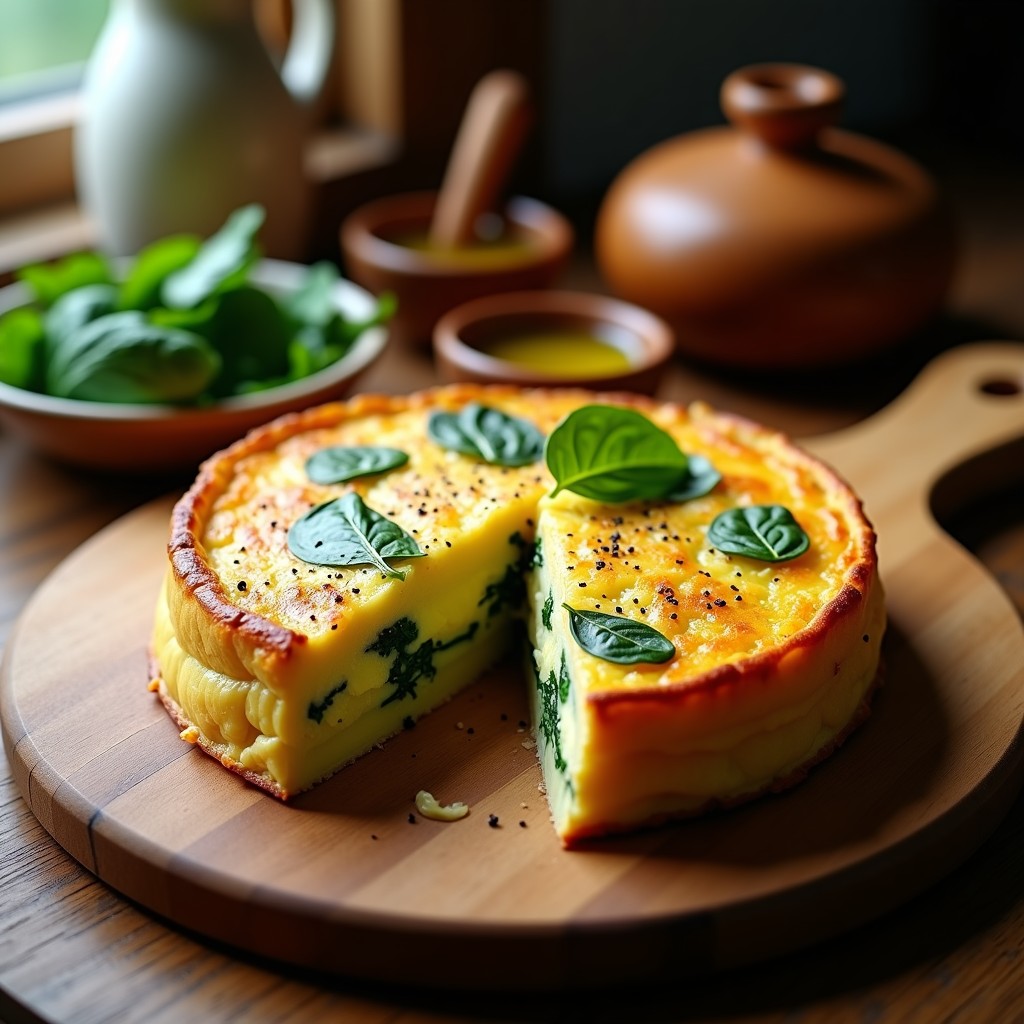 Tortilla de patata con espinacas y queso de cabra en olla superpuesta, dorada por fuera y cremosa por dentro, cortada en porciones.