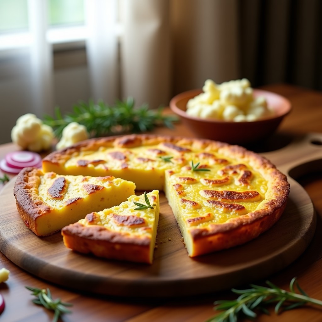 Tortilla de patata vegana con coliflor horneada en molde redondo, dorada y crujiente, cortada en porciones sobre tabla de madera rústica.