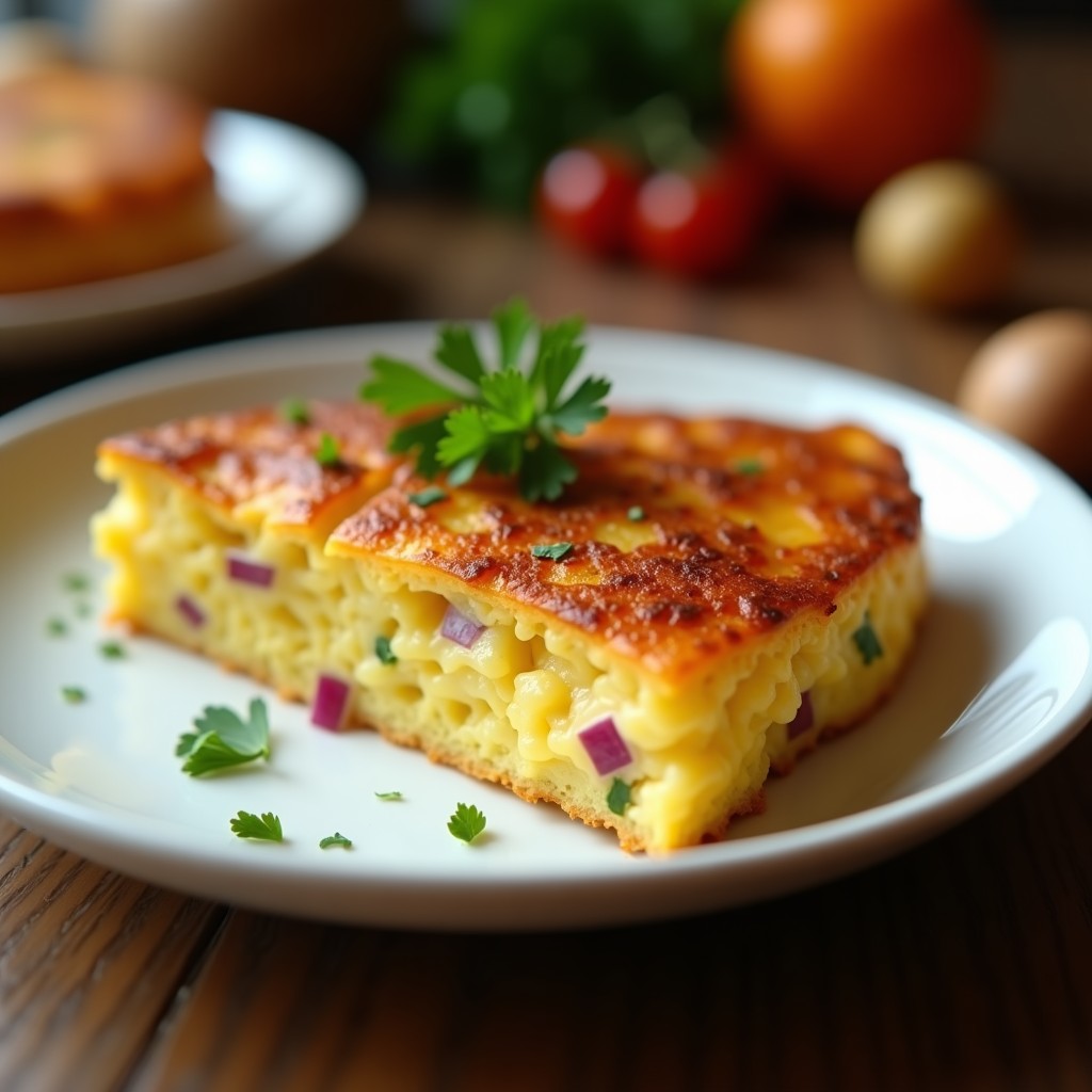 Tortilla dorada y esponjosa de patata y boniato en un plato blanco, con trozos visibles de cebolla morada y perejil fresco, receta express en olla rápida.