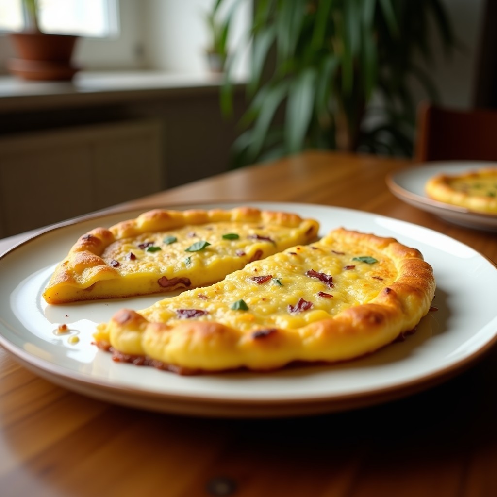 Tortilla española dorada y jugosa cortada en porciones, hecha en airfryer con solo 3 ingredientes: huevo, patata y cebolla. Servida en plato blanco rústico con fondo de madera.