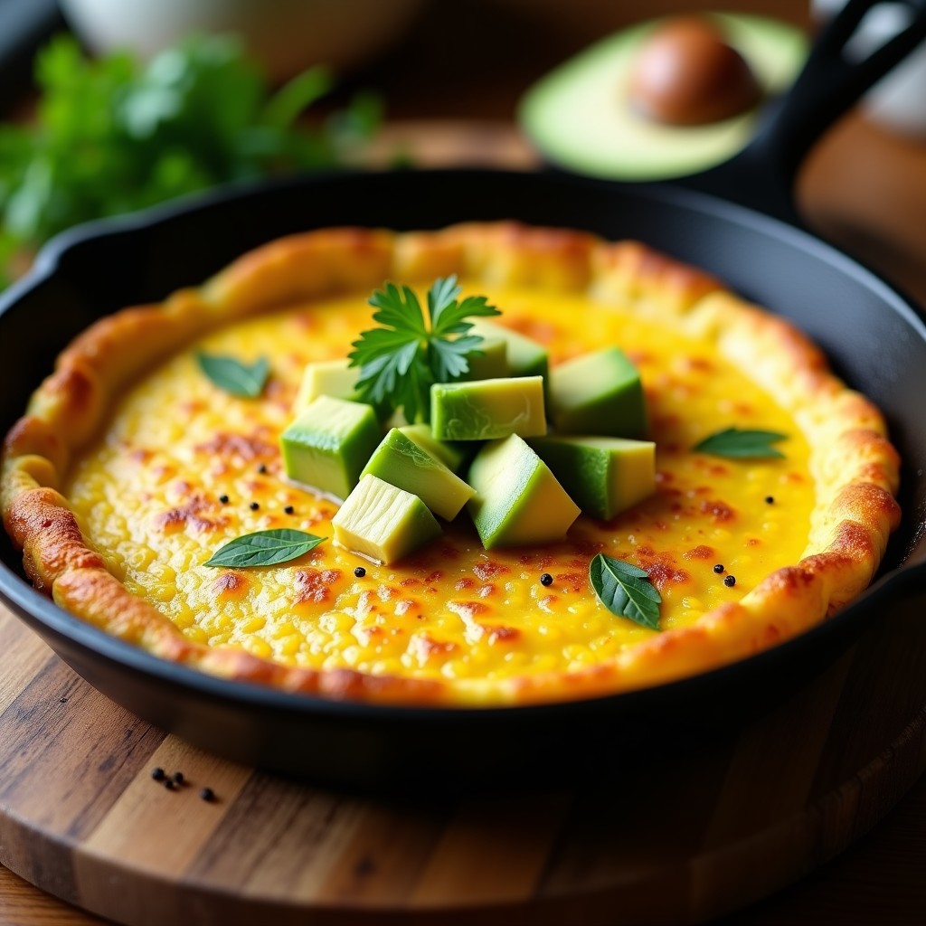Tortilla española dorada en sartén de hierro con cubos de aguacate ahumado y perejil fresco, servida sobre tabla de madera.