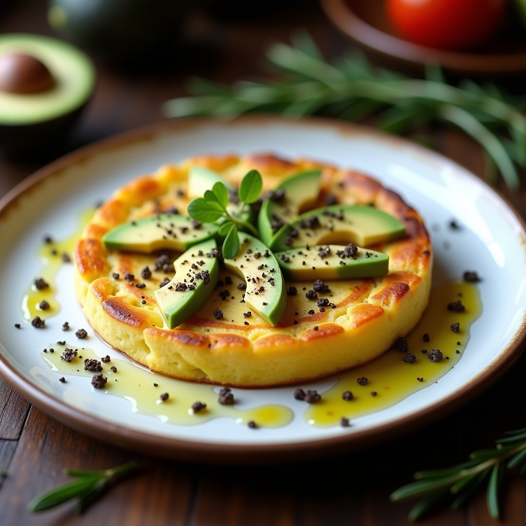 Tortilla española dorada con trozos de aguacate verde y virutas de trufa negra, servida en plato blanco rústico con fondo de madera oscura.