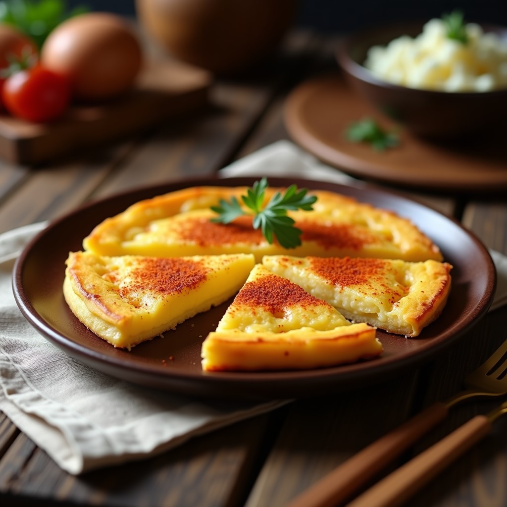 Tortilla española dorada con toque ahumado, cortada en porciones, servida en plato de madera rústico con pimentón espolvoreado y ramita de perejil.