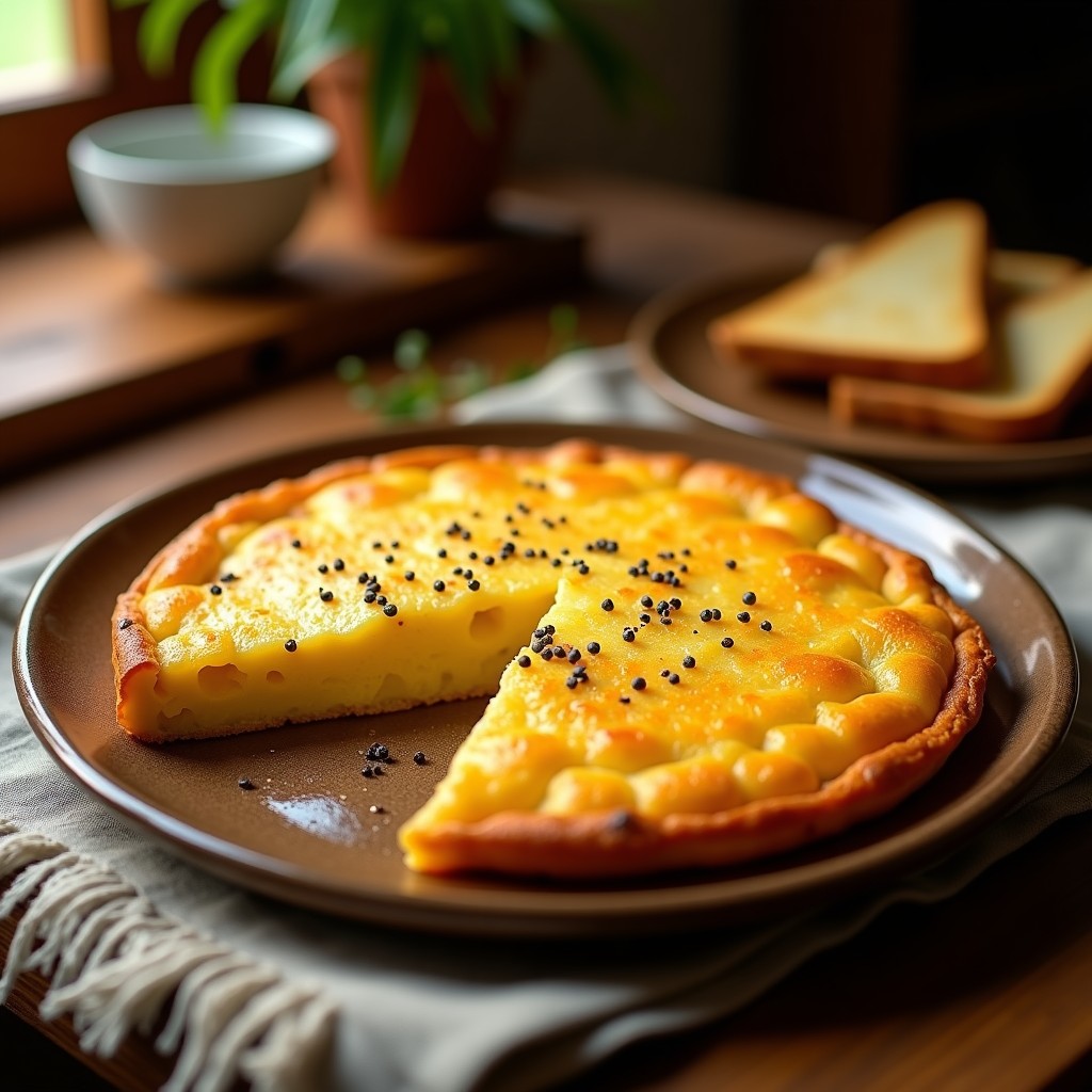 Tortilla española sin cebolla dorada por fuera y jugosa por dentro, servida en plato de barro con rodaja de pan tostado.