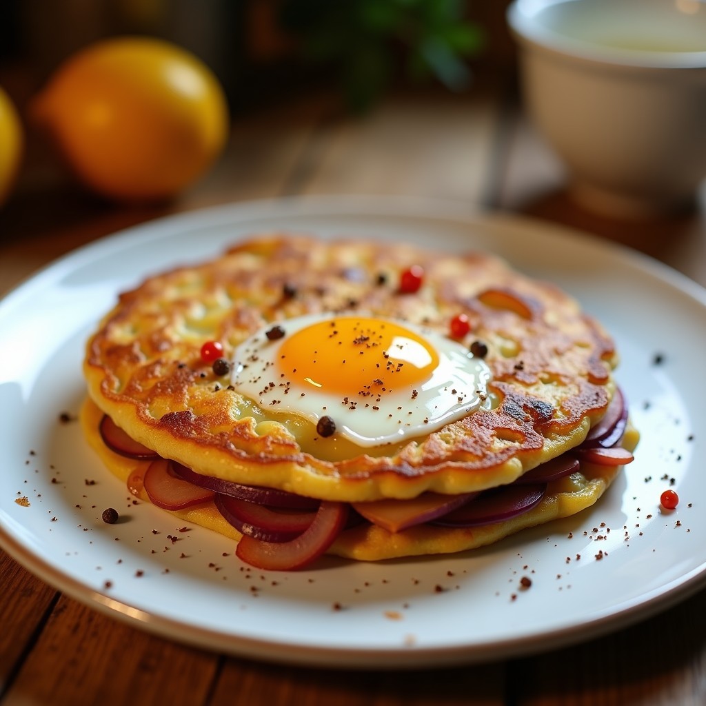 Tortilla española dorada y crujiente con trozos de patata y cebolla, cocina en airfryer, servida en plato blanco con fondo rústico.