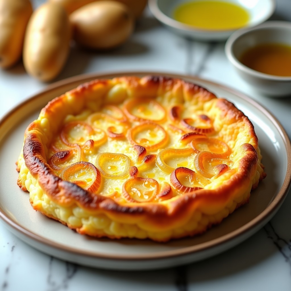Tortilla de patatas dorada y esponjosa en molde redondo, cocinada en airfryer, con textura crujiente por fuera y jugosa por dentro, receta sin voltear.