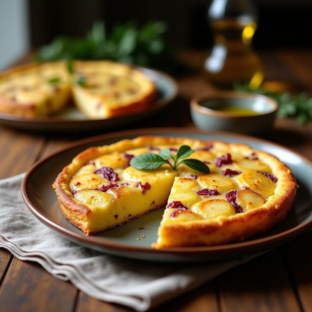 Tortilla española dorada y jugosa en airfryer, cortada en porciones, con el interior cremoso y trozos de patata y cebolla morada visibles, servida en plato de barro.