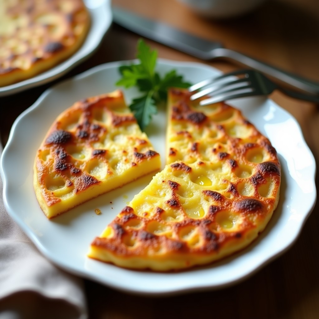 Tortilla española dorada y jugosa en un plato blanco, cortada en porciones, con textura esponjosa y trozos de patata y cebolla visibles, cocinada en airfryer sin aceite.
