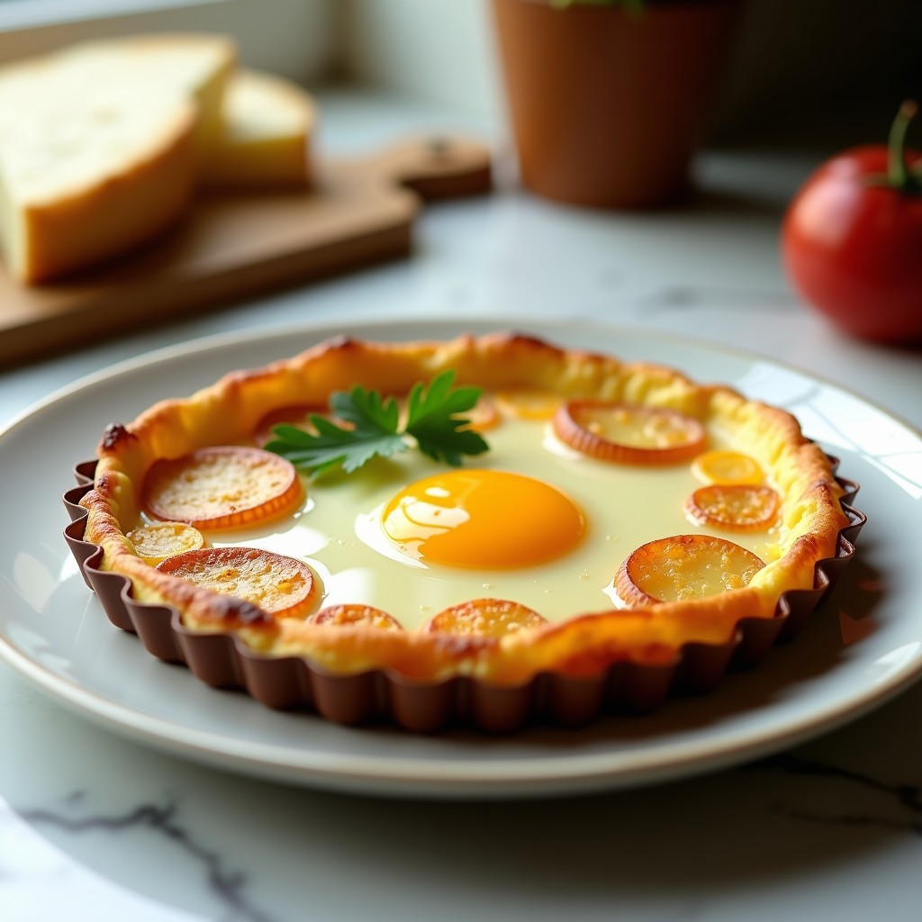 Tortilla española dorada y esponjosa en molde de airfryer, con yema cremosa y trozos de patata y cebolla visibles, receta sin voltear.