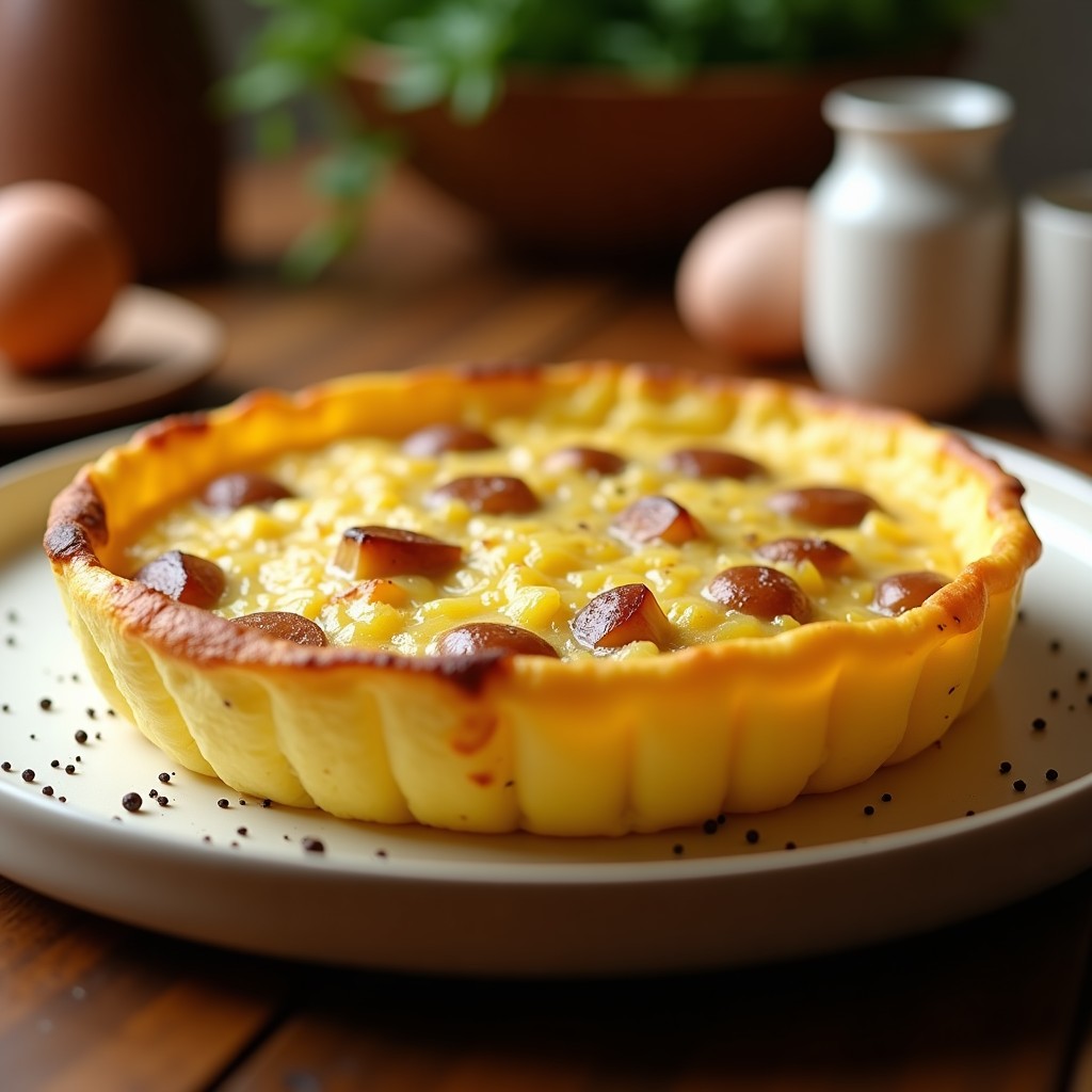 Tortilla española dorada y jugosa en molde de silicona, con trozos visibles de patata y cebolla, preparada al microondas sin voltear.