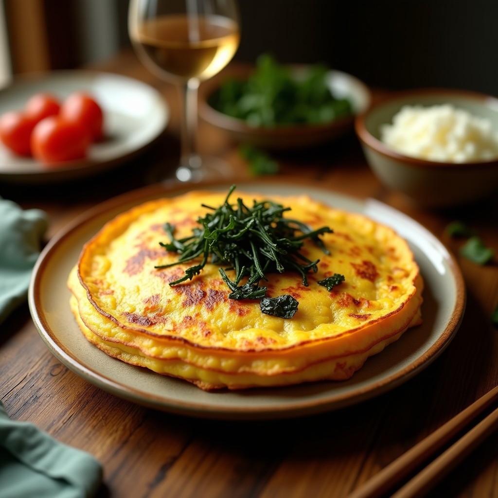 Tortilla española dorada con trozos de patata y cebolla, coronada con tiras crujientes de algas nori sobre un plato de barro rústico.
