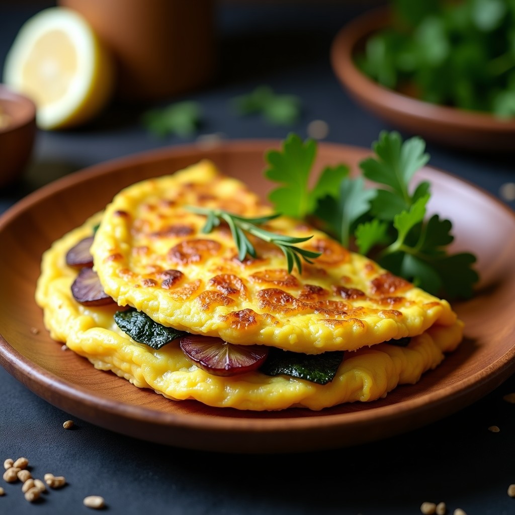 Tortilla española dorada con vetas de algas nori oscuras, cortada en porciones sobre un plato de madera rústico, acompañada de una ramita de perejil fresco.