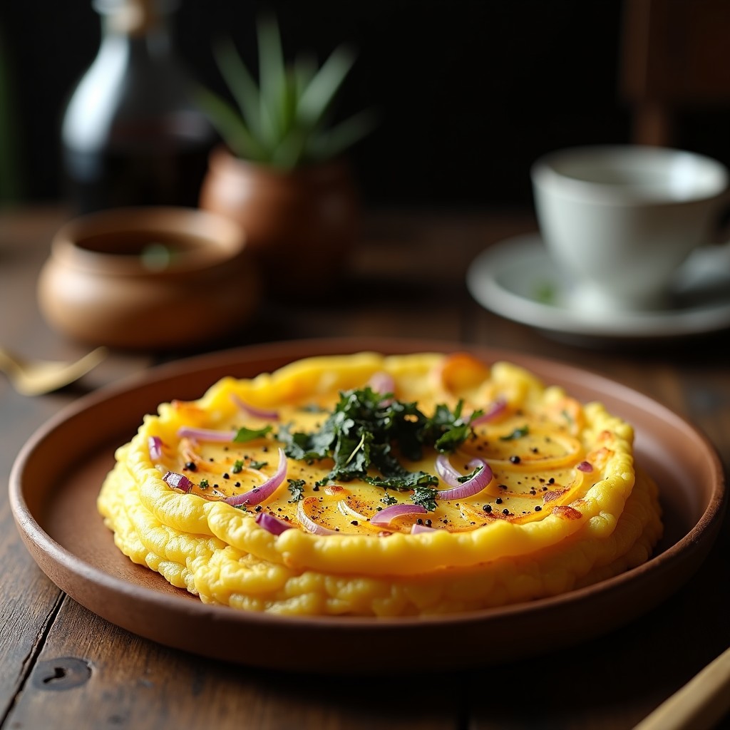 Tortilla española dorada con trozos de patata y cebolla morada, salpicada de algas nori trituradas, servida en plato de madera rústica con fondo oscuro.
