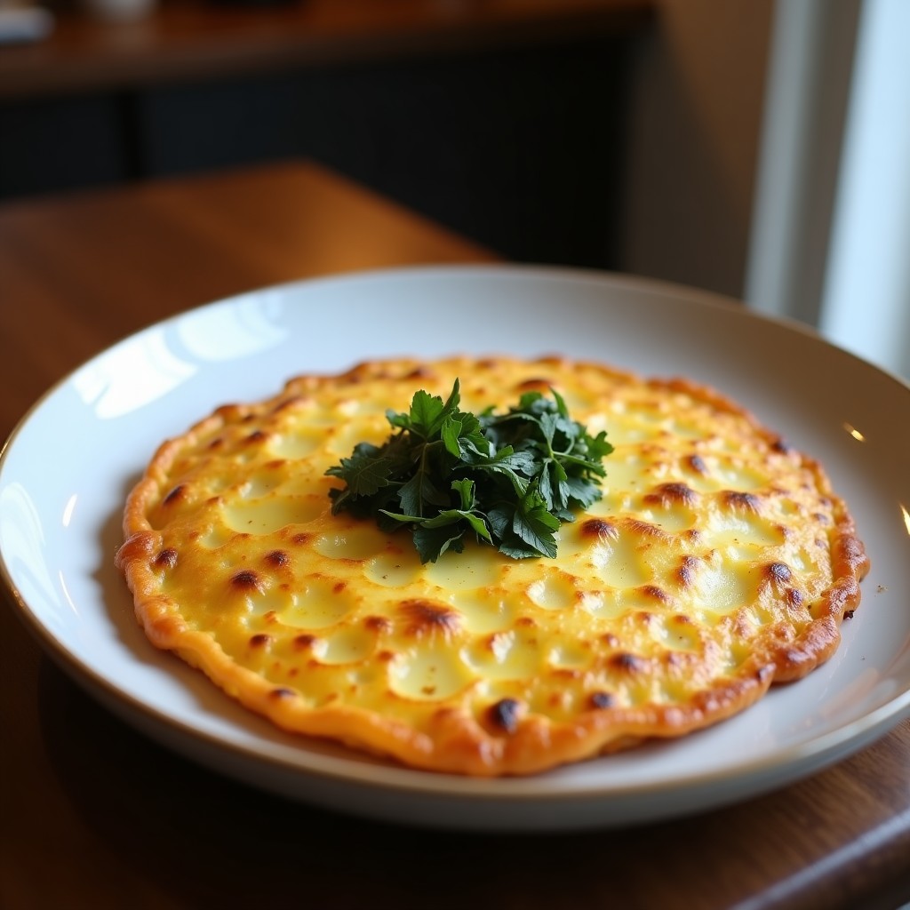 Tortilla española dorada con trozos de patata y cebolla, salpicada de algas wakame verdes, servida en plato rústico de barro con fondo de madera.