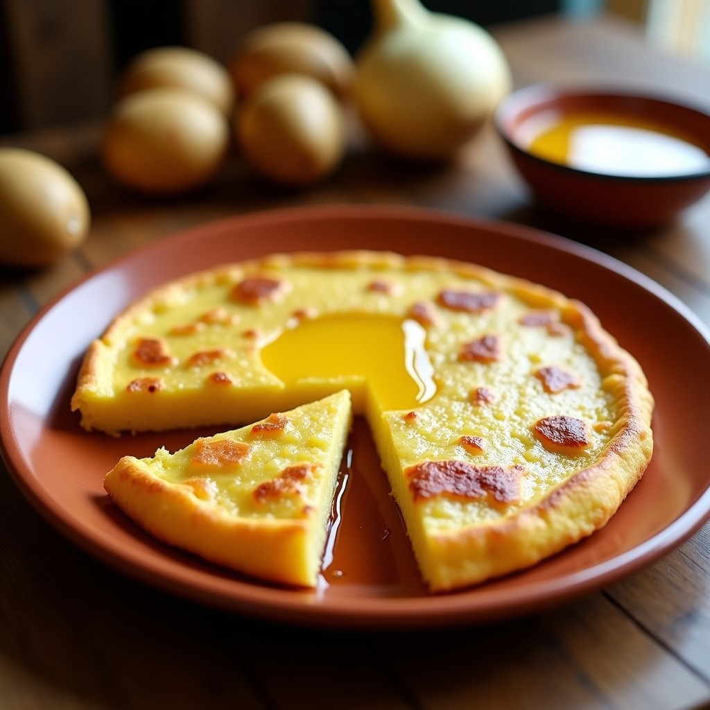 Tortilla española dorada y jugosa cortada en cuñas, servida en plato de barro con un chorrito de aceite de oliva virgen extra, receta al microondas.