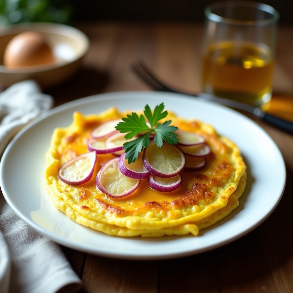 Tortilla española dorada con trozos de patata y cebolla morada, servida en plato blanco con perejil fresco espolvoreado, receta digestiva con aloe vera.