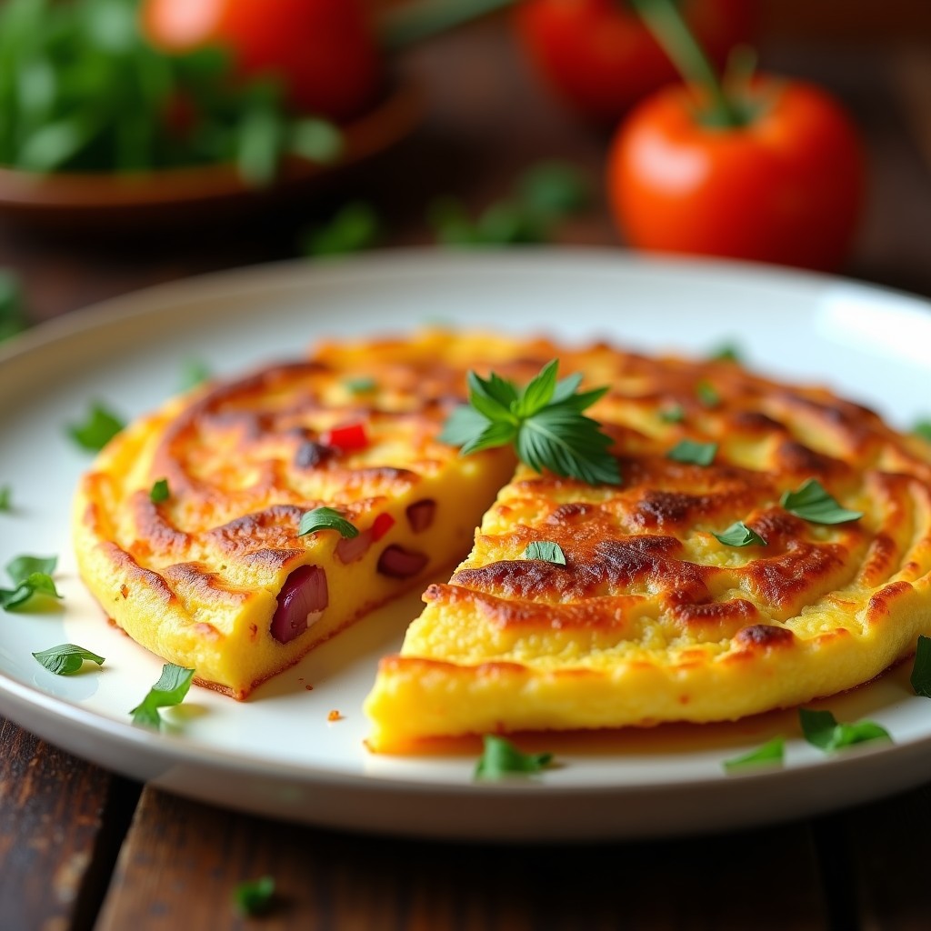 Tortilla española dorada y esponjosa en molde de airfryer, alta en proteína, con trozos de cebolla morada y pimiento rojo, servida en plato blanco rústico.