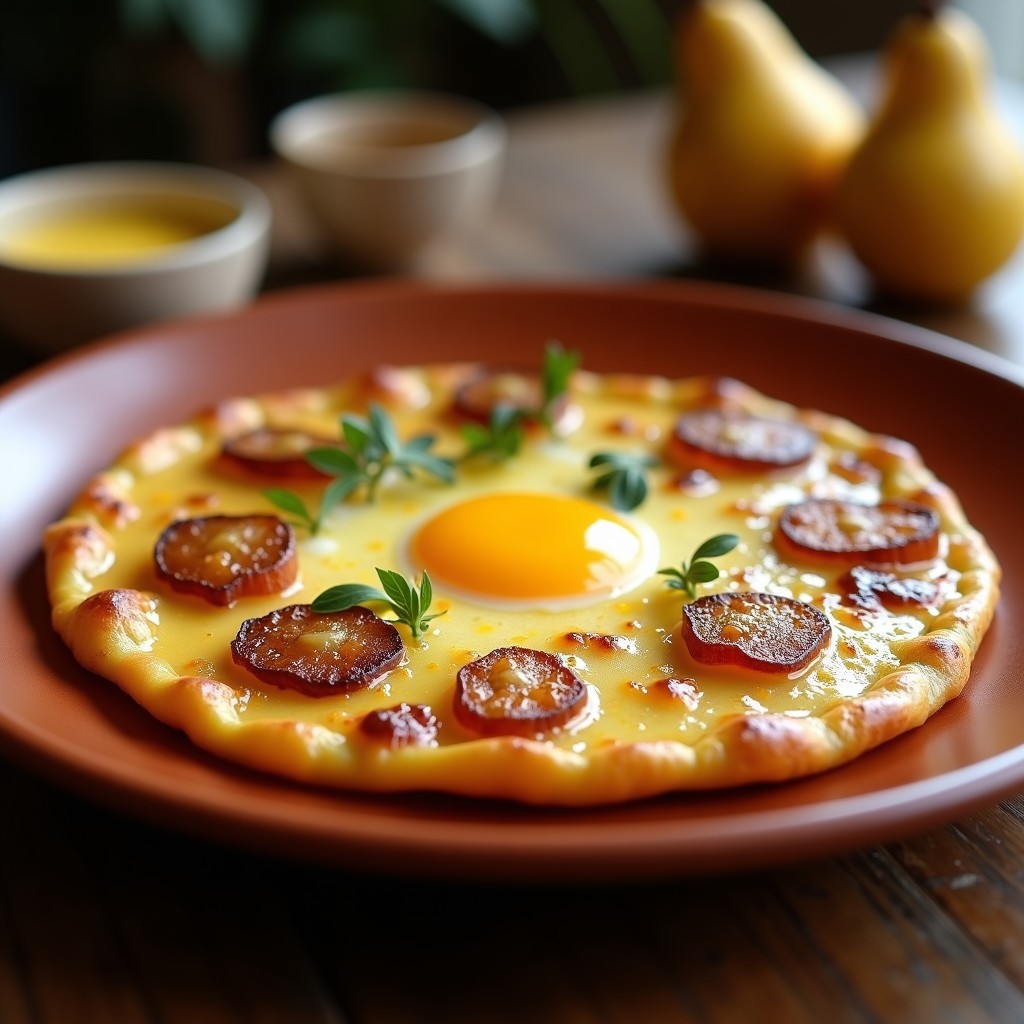 Tortilla española arrugada dorada con patatas crujientes y yema líquida en el centro, servida en plato de barro rústico.