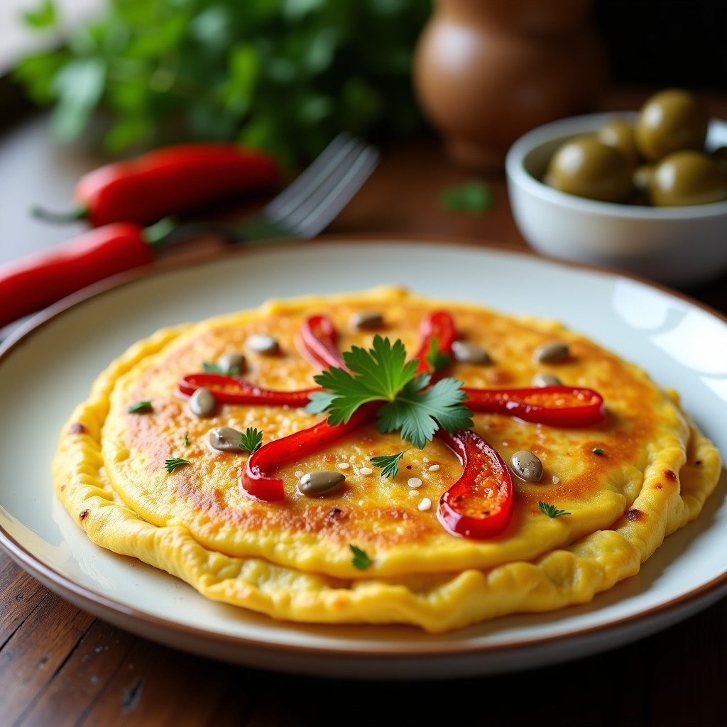 Tortilla española dorada con trozos de atún y pimientos rojos asados, servida en plato blanco rústico con perejil fresco espolvoreado.