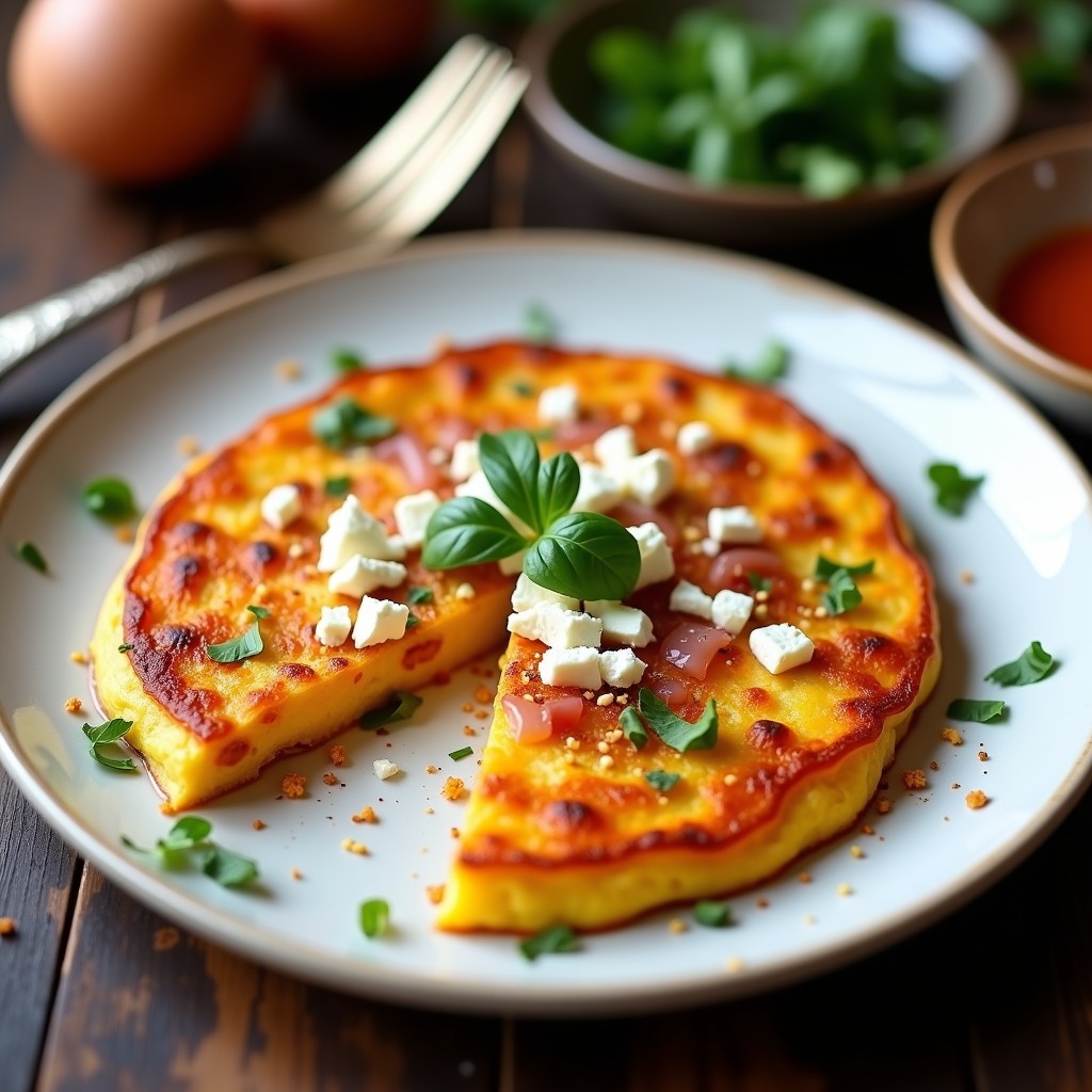 Tortilla española dorada y crujiente en airfryer con trozos de batata ahumada y cebolla morada, servida en plato blanco rústico con hierbas frescas.
