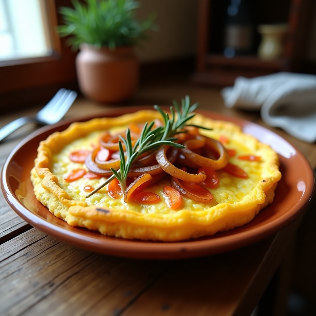 Tortilla española dorada con rodajas de batata y cebolla caramelizada, decorada con romero fresco, servida en plato de barro rústico.