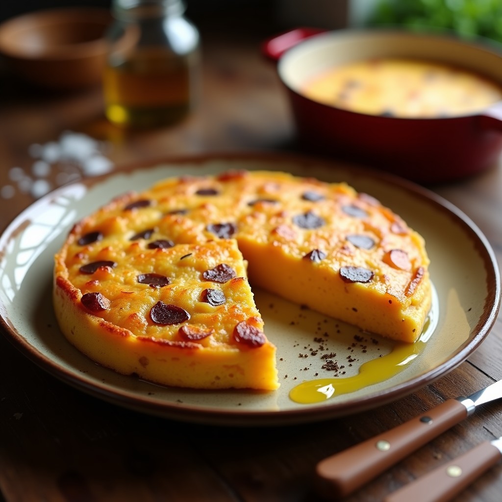 Tortilla española de batata en dos capas, dorada y esponjosa, cortada en porciones y servida en un plato de barro rústico, con rodajas de cebolla morada visibles en su interior.