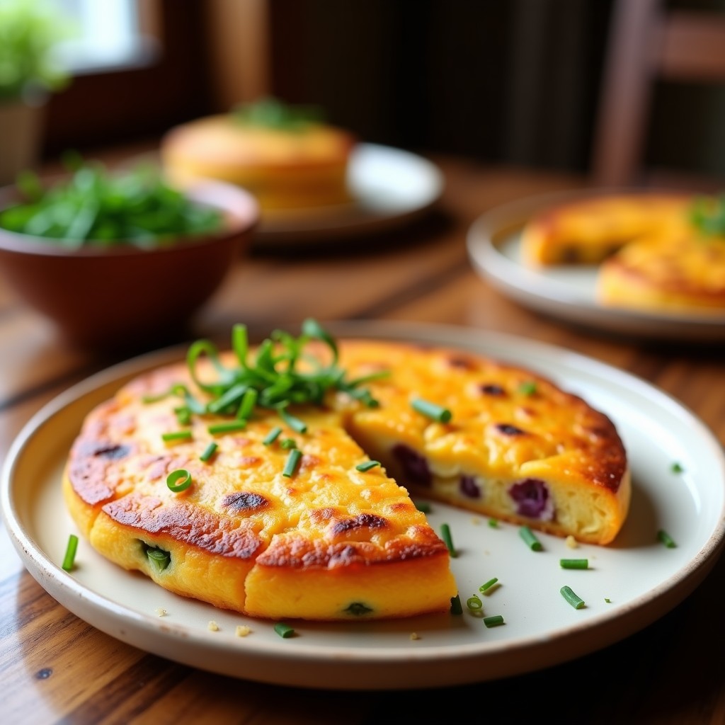 Tortilla española vegana de batata dorada en airfryer, con trozos visibles de cebolla morada y cebollino, servida en plato blanco rústico.