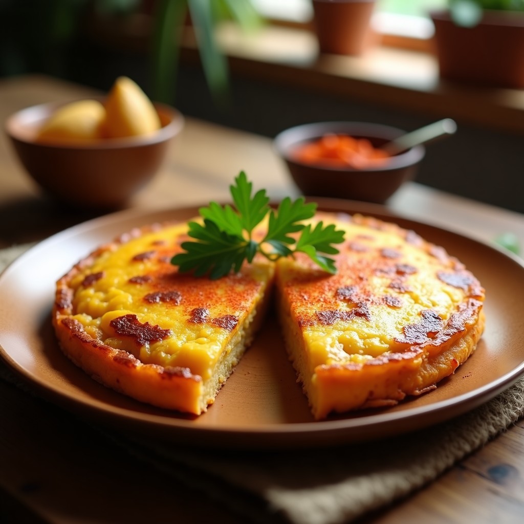 Tortilla española vegana de boniato dorada y jugosa, cortada en porciones, con textura esponjosa y trozos de cebolla morada visibles, servida en plato de madera rústico.