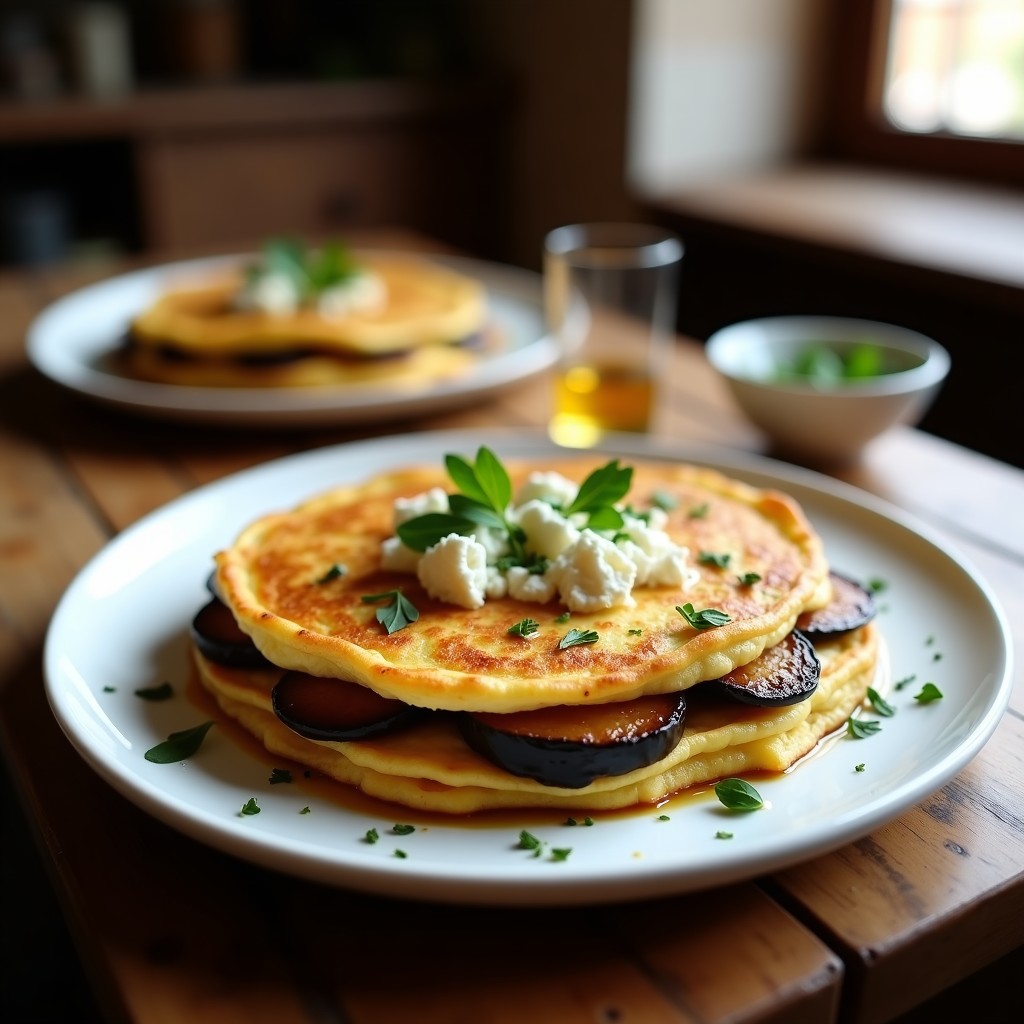 Tortilla española dorada con rodajas de berenjena ahumada y trozos de queso de cabra, servida en plato blanco con hierbas frescas, receta airfryer.