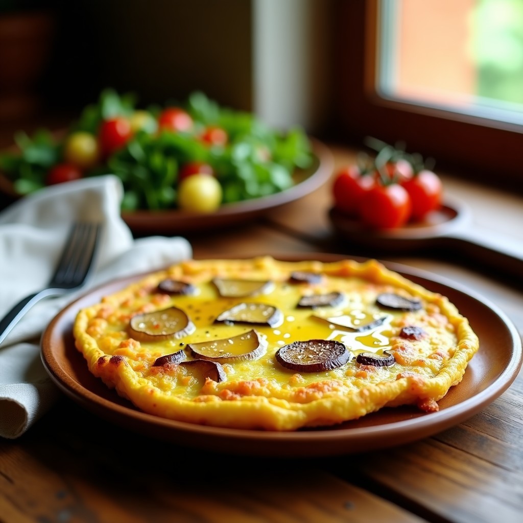 Tortilla española dorada en molde redondo, con trozos visibles de berenjena y patata, servida en plato de madera rústico con ensalada verde de fondo, receta airfryer.