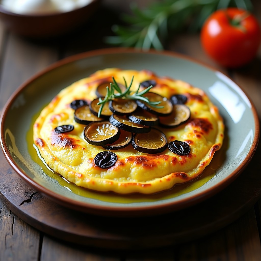 Tortilla española dorada y esponjosa con trozos de berenjena y láminas de trufa negra, servida en plato de barro rústico, receta olla a presión.