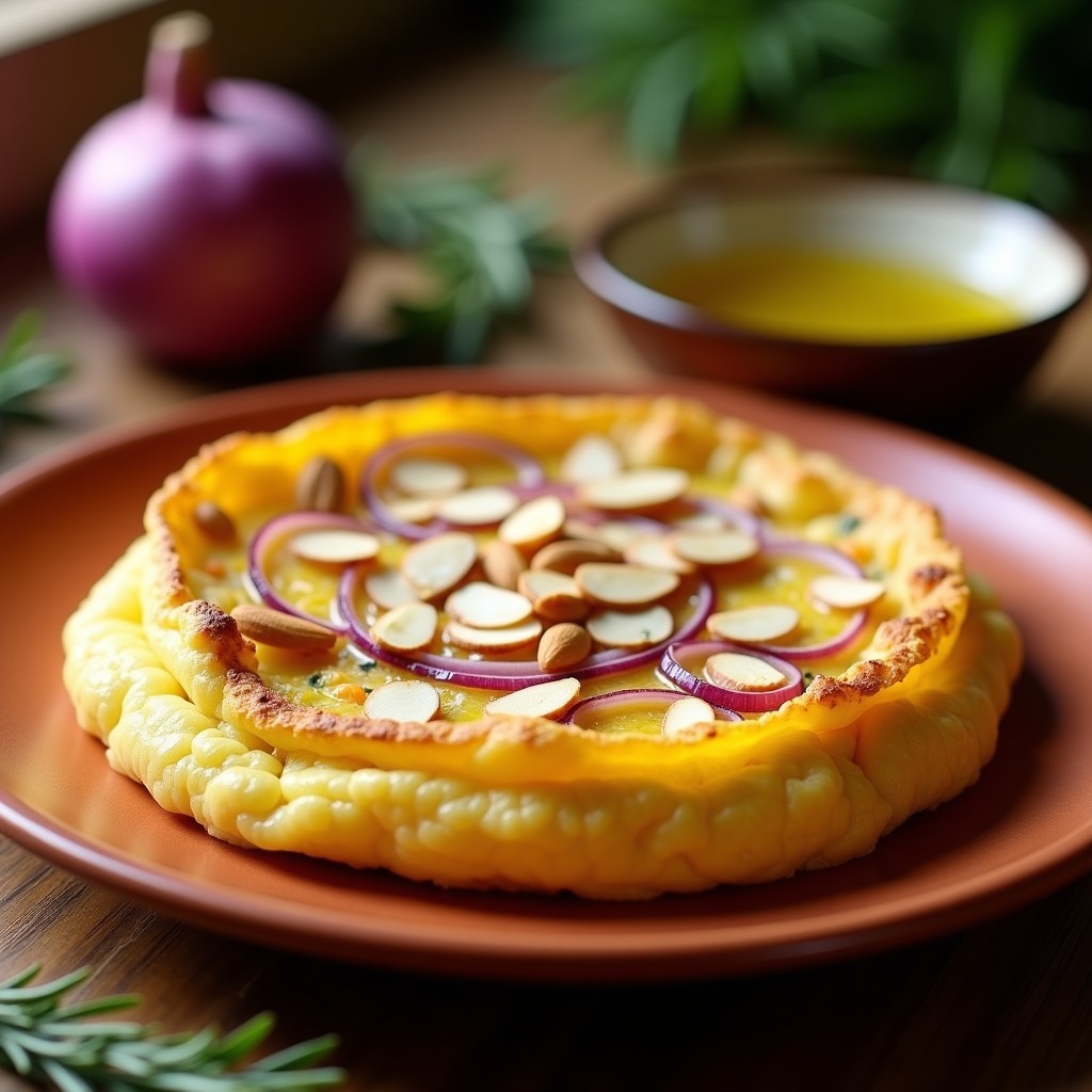 Tortilla española dorada con patatas bernarda y cebolla morada, espolvoreada con almendras laminadas tostadas, servida en plato de barro rústico.