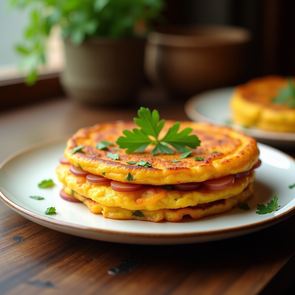 Tortilla española de boniato dorada y esponjosa servida en plato blanco, con rodajas de boniato visibles y perejil fresco espolvoreado, receta en airfryer sin aceite.