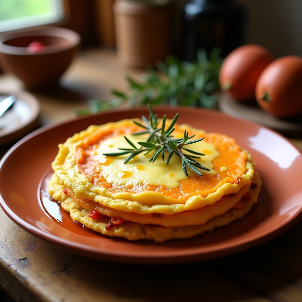 Tortilla española dorada con capas visibles de boniato y queso de cabra derretido, servida en plato de barro rústico con hierbas frescas.