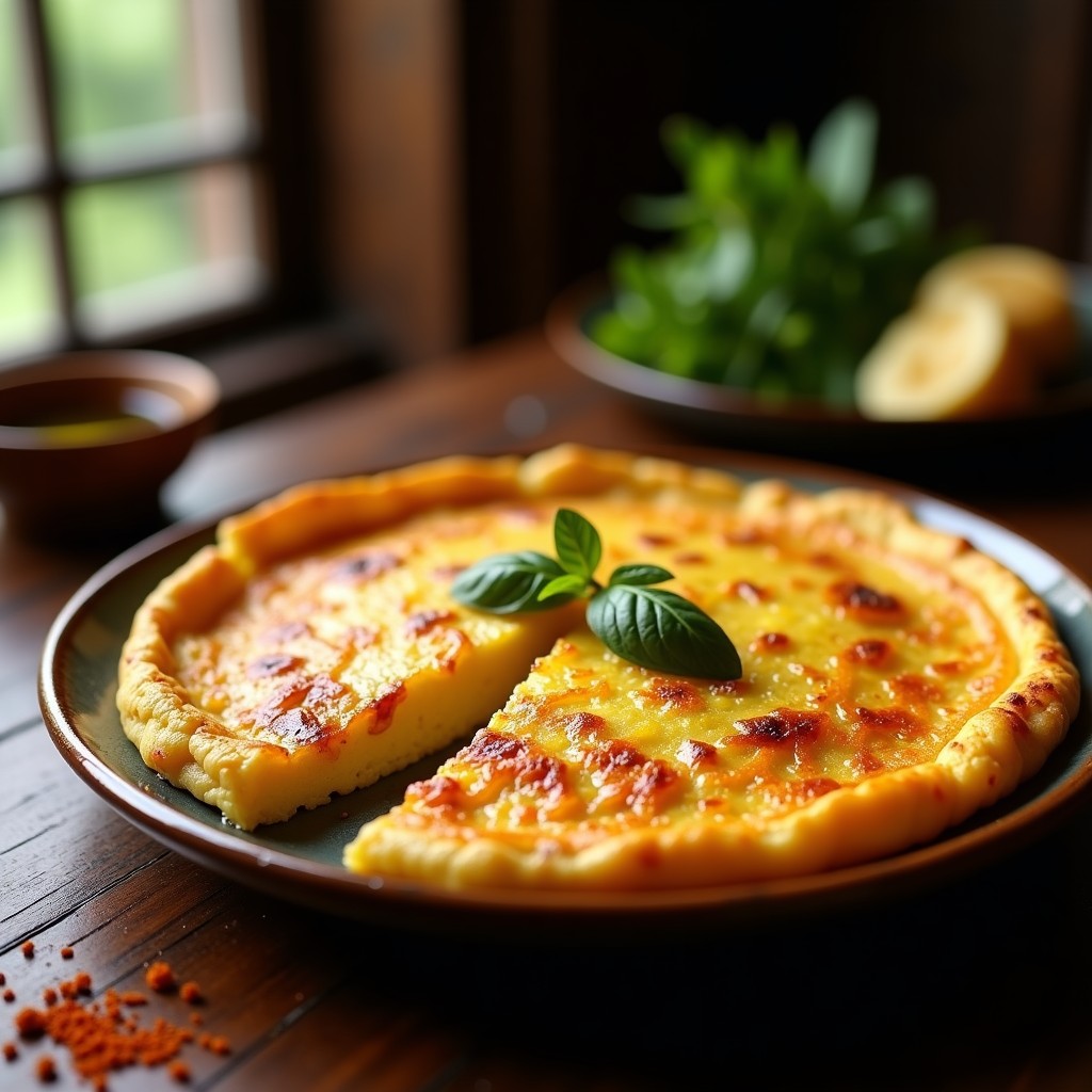 Tortilla española dorada con rodajas de patata y cebolla, servida en plato rústico con toques de café ahumado, receta gourmet.