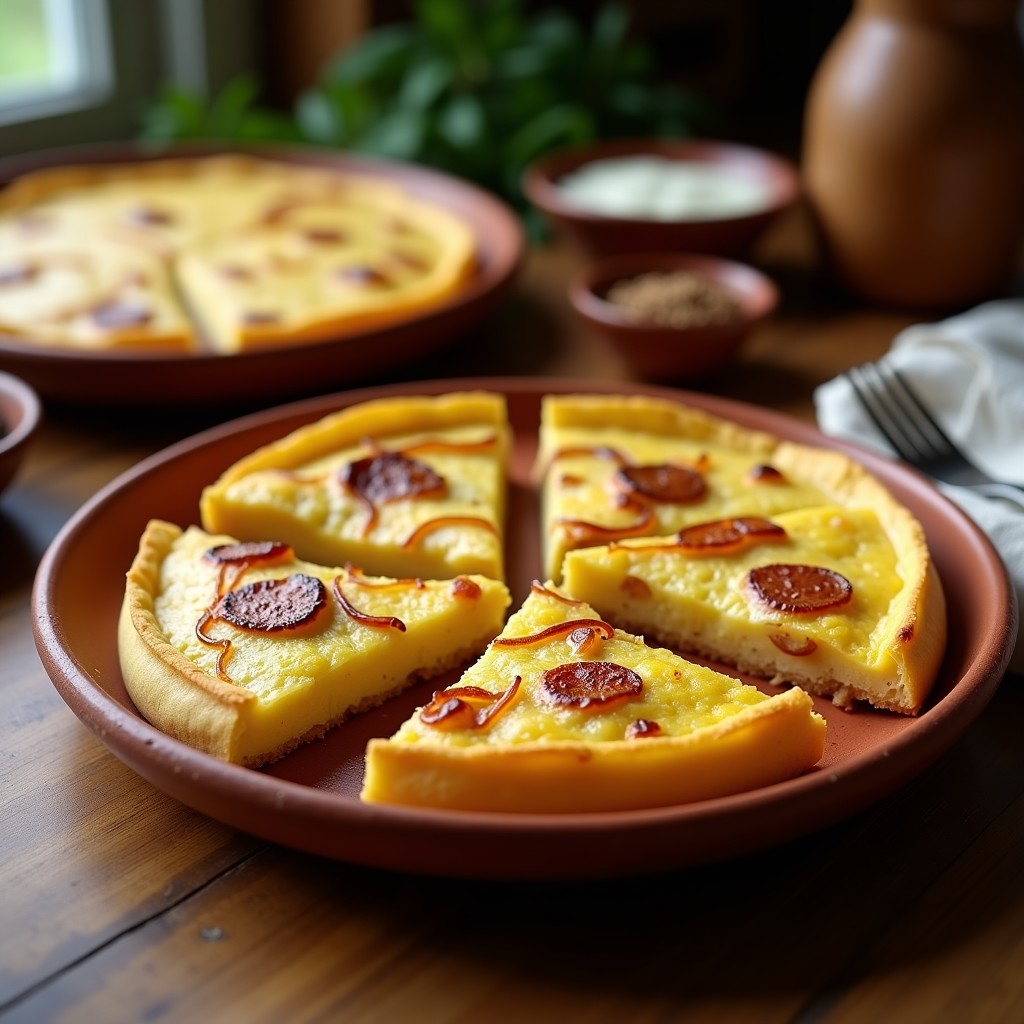 Tortilla española dorada con cebolla caramelizada, cortada en porciones, servida en plato de barro con fondo de madera rústica, receta olla lenta.