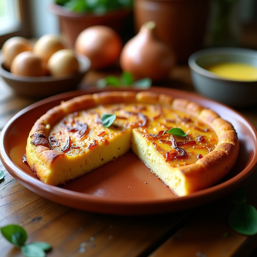 Tortilla española dorada con cebolla caramelizada servida en plato de barro, cocinada en ollas superpuestas, textura cremosa por dentro.