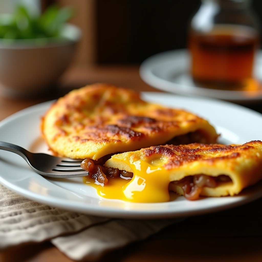 Tortilla española dorada con cebolla caramelizada en su interior, cortada en porciones y servida en un plato de cerámica blanca con tenedor de madera, receta Thermomix.