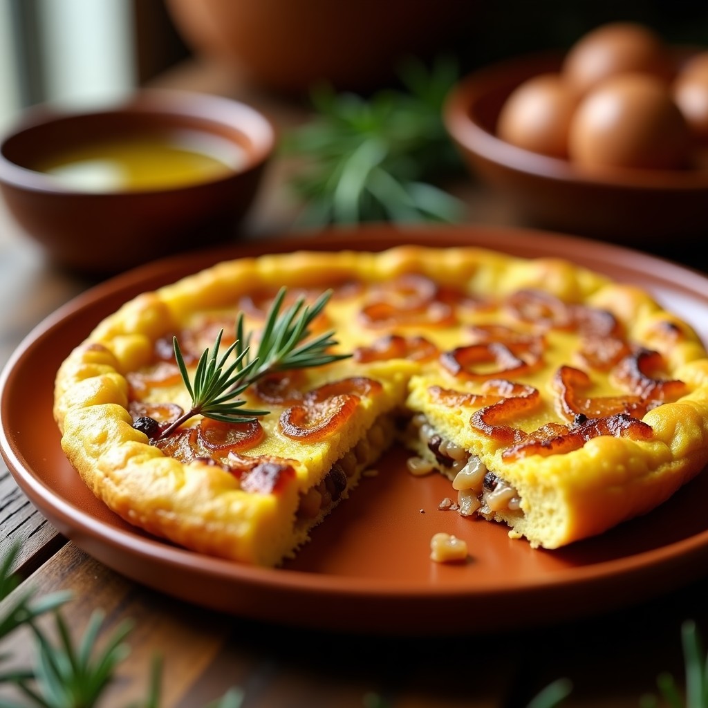 Tortilla española dorada con cebolla caramelizada en su interior, cortada en porciones y servida en plato rústico de barro con fondo de madera.