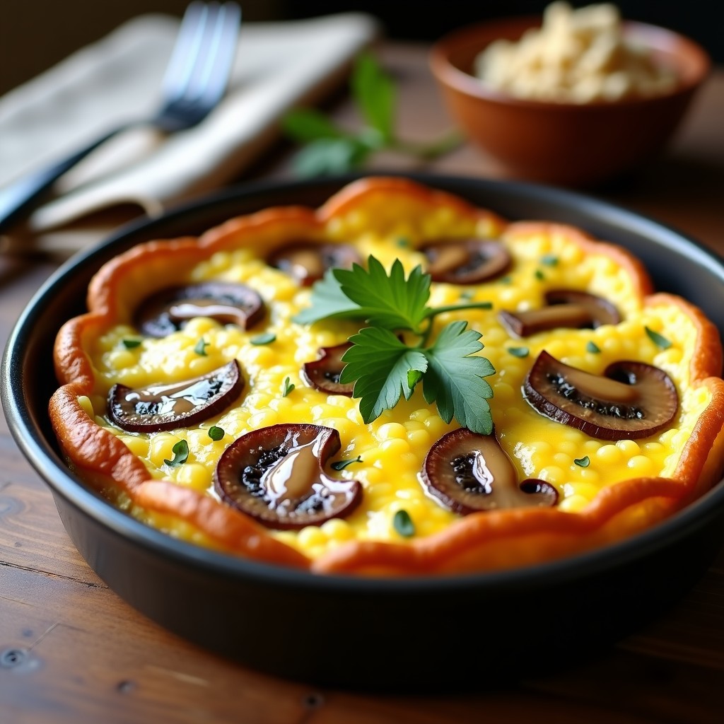Tortilla española dorada y esponjosa con trozos de champiñones portobello y aroma a trufa negra, cocinada en molde redondo sobre fondo rústico de madera.