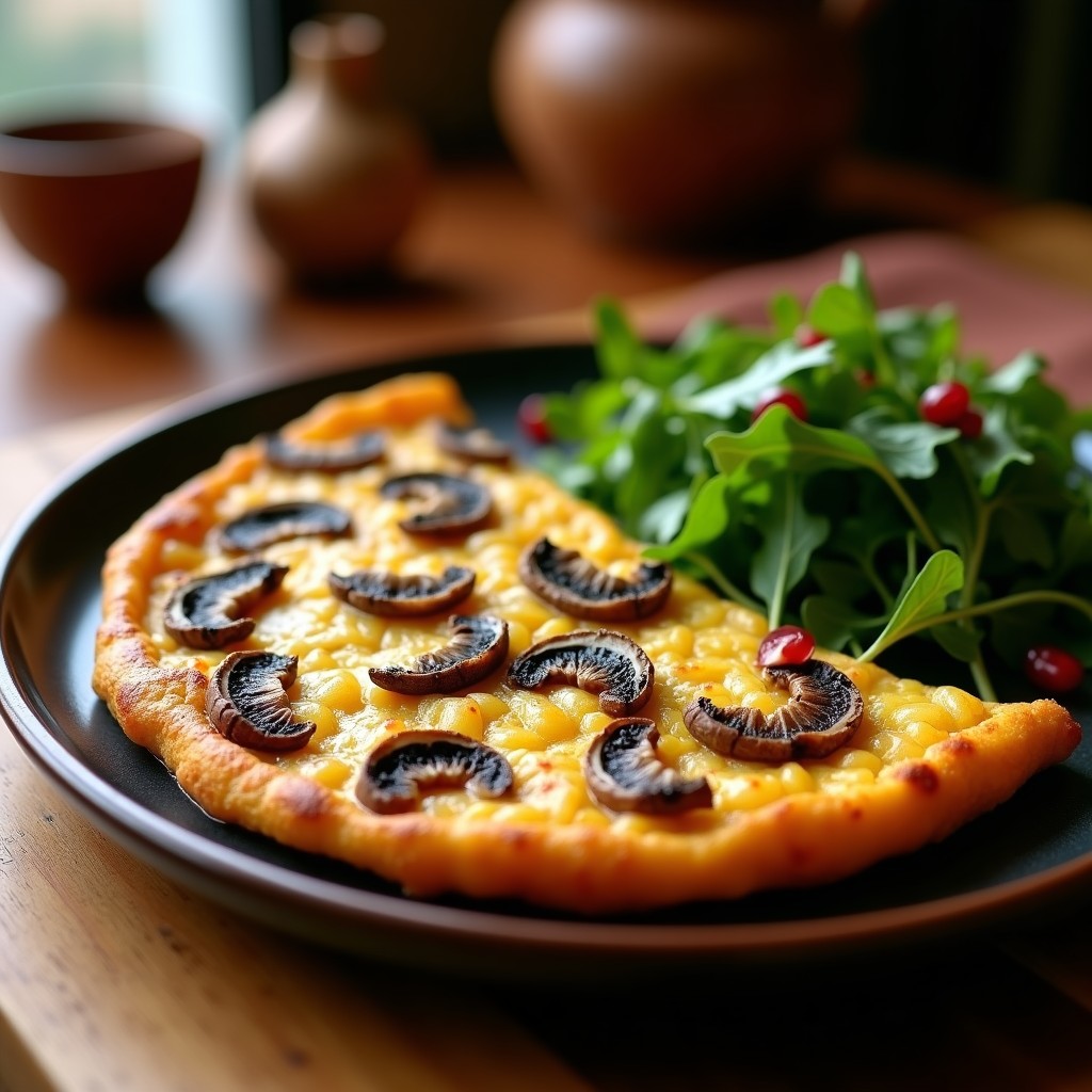 Tortilla española dorada con champiñones trufados en airfryer, servida en plato de barro con virutas de trufa y rúcula al lado. Textura cremosa y jugosa.