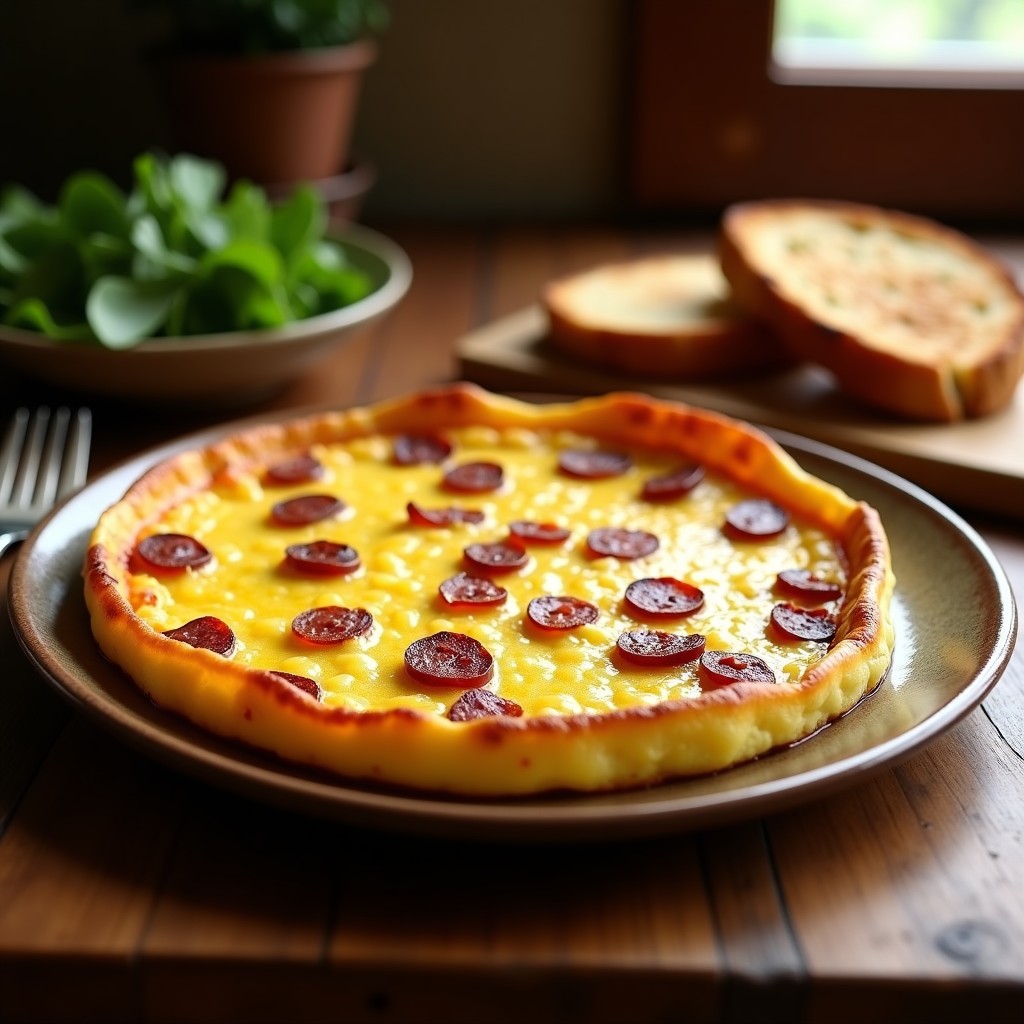 Tortilla española dorada y crujiente en molde de airfryer, con trozos de chorizo ahumado visibles, servida en plato rústico de barro con rodaja de pan tostado al lado.