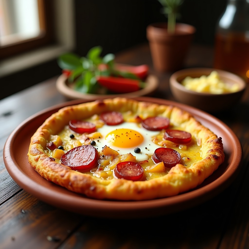 Tortilla española dorada y crujiente con rodajas de chorizo ibérico asomando entre capas de patata y huevo, servida en plato de barro rústico con fondo de madera.