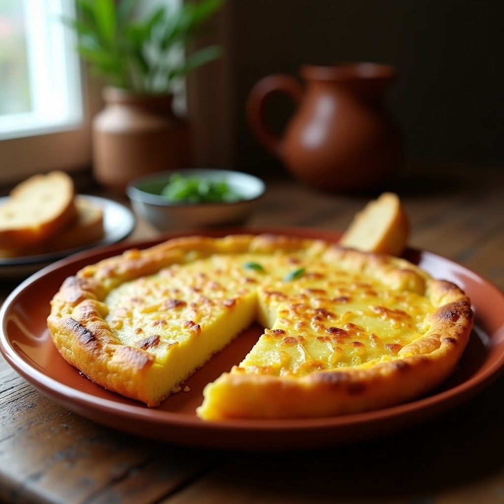 Tortilla española dorada y crujiente por fuera, con el interior jugoso, servida en plato de barro rústico, acompañada de una rebanada de pan. Receta tradicional con truco profesional.