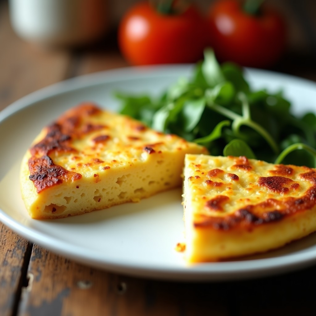 Tortilla española dorada de coliflor en airfryer, con textura esponjosa y queso manchego gratinado, servida en plato blanco con ensalada verde.