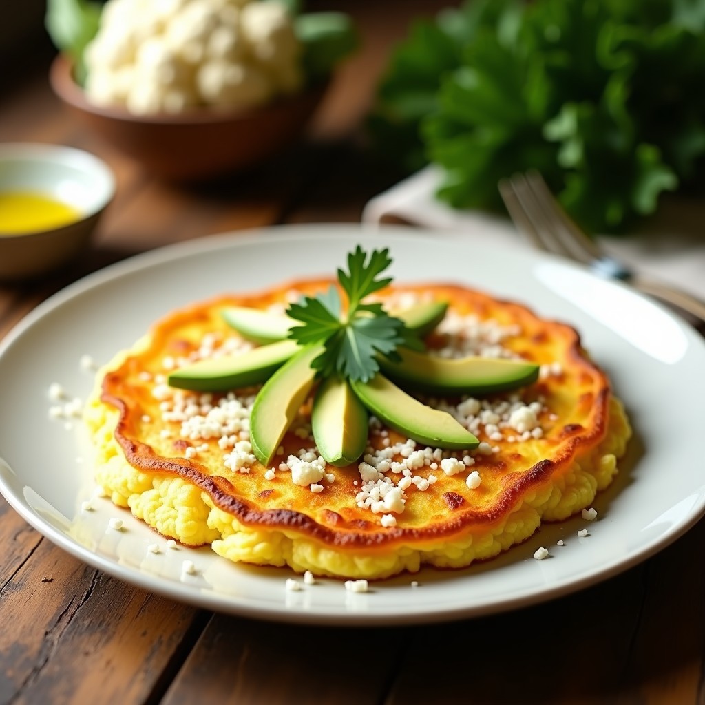 Tortilla española dorada y esponjosa hecha con coliflor rallada, servida en plato blanco con rodajas de aguacate y perejil fresco, receta keto baja en carbohidratos.