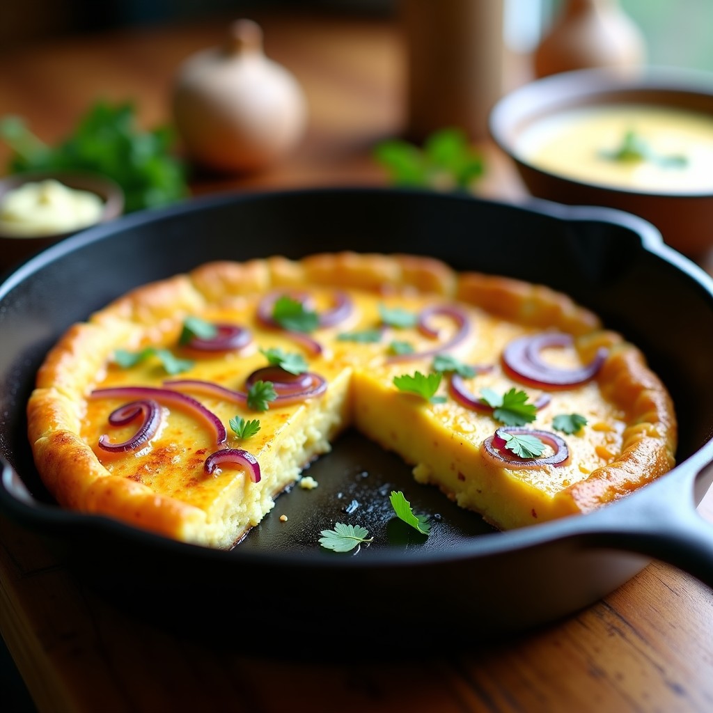 Tortilla española keto dorada en sartén antiadherente, cortada en porciones, con trozos de coliflor y cebolla morada visibles, servida con hierbas frescas.